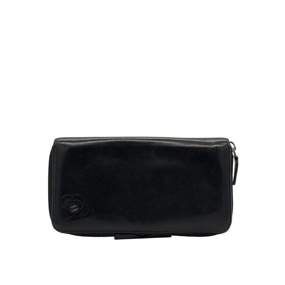 Chanel  Goatskin Camellia Embossed Zip Around Organizer Wallet Black*Beautiful - Picture 1 of 16